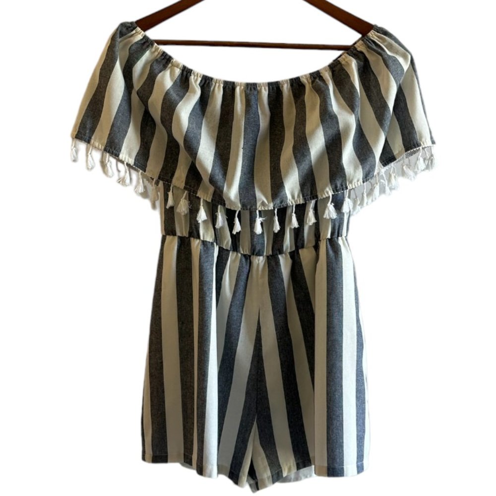 DONATED Striped Off-Shoulder Fringe Trim Romper